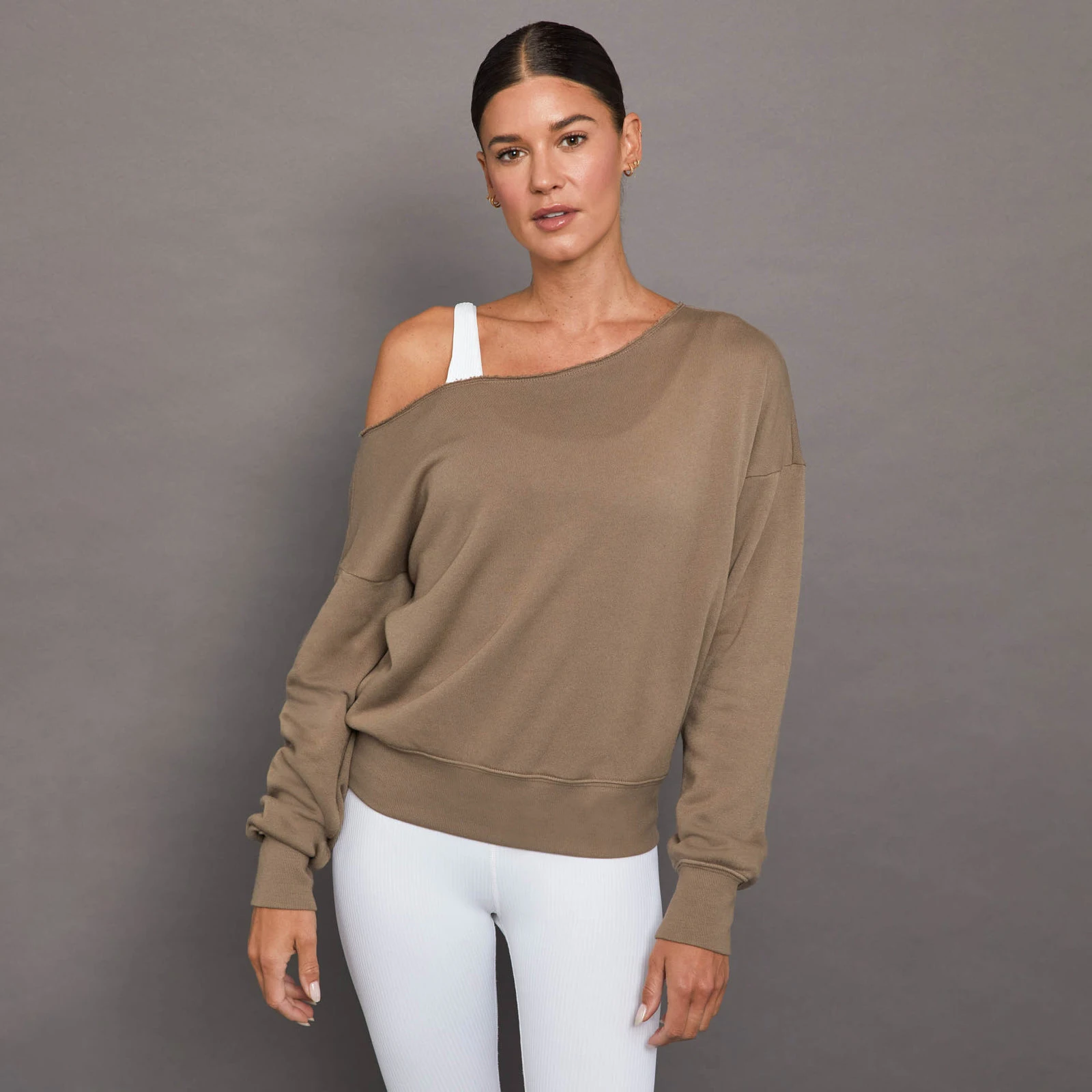 Custom Cotton Acid Wash Off Shoulder Sweatshirt With Embroidered Logo Oversized Round Collar French Terry  Winter Spring