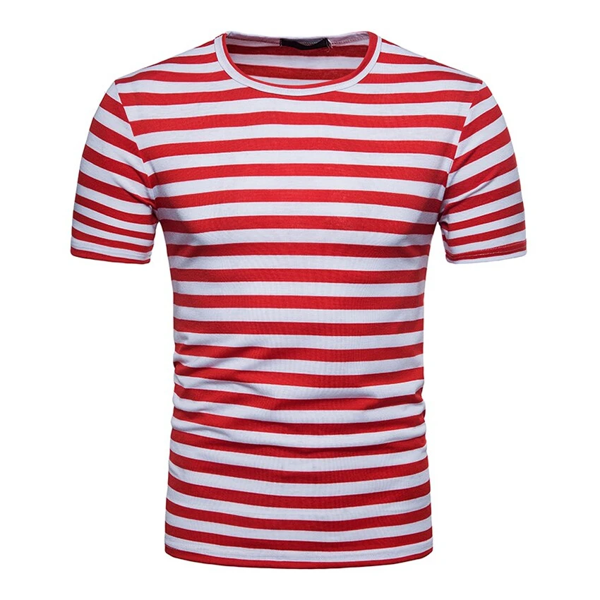 New Fashion Vintage Breton Top Tees Men Stripe T-Shirt Fashion O Neck Short Sleeved Slim Fit Striped Hip Hop T Shirt OEM
