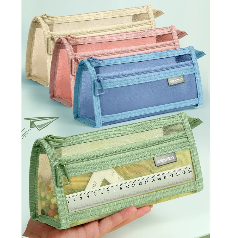 Large-Capacity Double-Layer Three-Dimensional Pencil Bag Transparent Mesh Stationery Bag