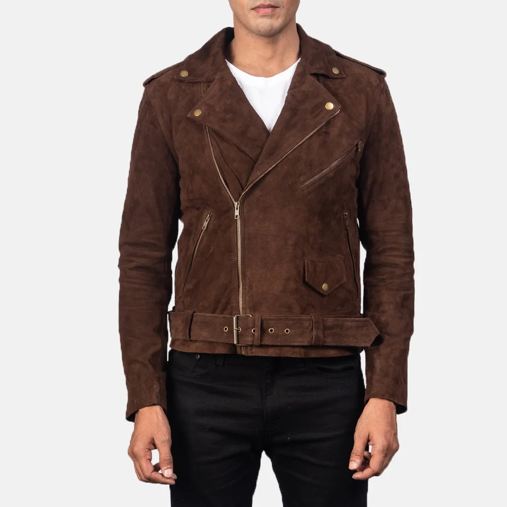 Men Suede leather  biker jacket/OEM custom dark brown suede leather jacket/Wholesale genuine suede fashion biker leather jacket