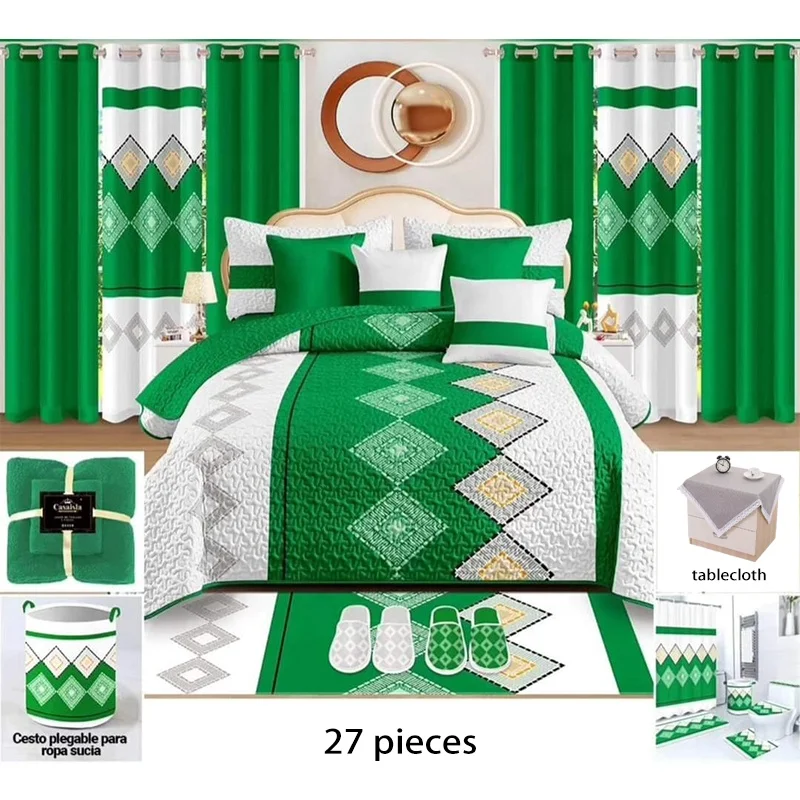 Customized Bed Sheets Bedding Sets Collections Luxury Flora Quilt Set 27pcs Bedspread Curtain Bedding Set