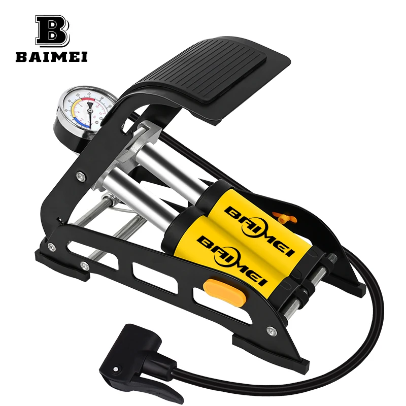 BM Portable High-Pressure bike Double-Cylinder with Pressure Gauge Floor foot Pump for Cars and Motorcycles-Steel Alloy Material