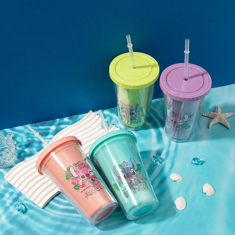 Stitch Kids Cute Cartoon 450ML large plastic travel water cup with straw plastic cups drinking cups