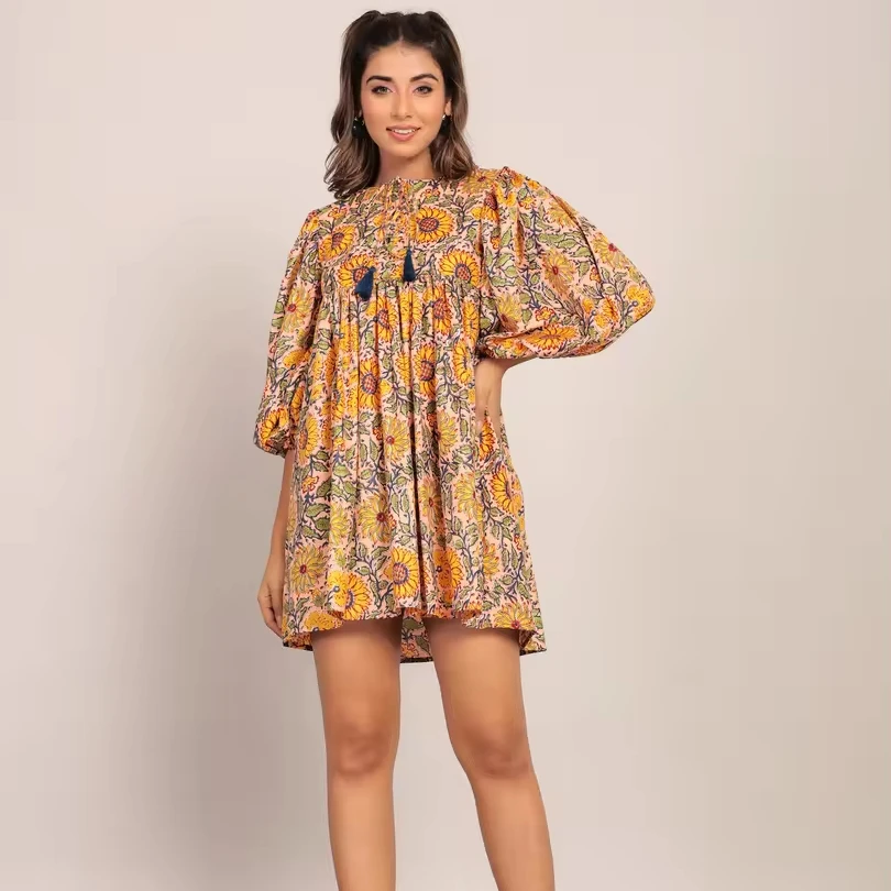 Floral Print Cotton Yellow And Multicolor Relaxed Skater Short Dress Floral Design Cotton Women Wearing Short One Piece