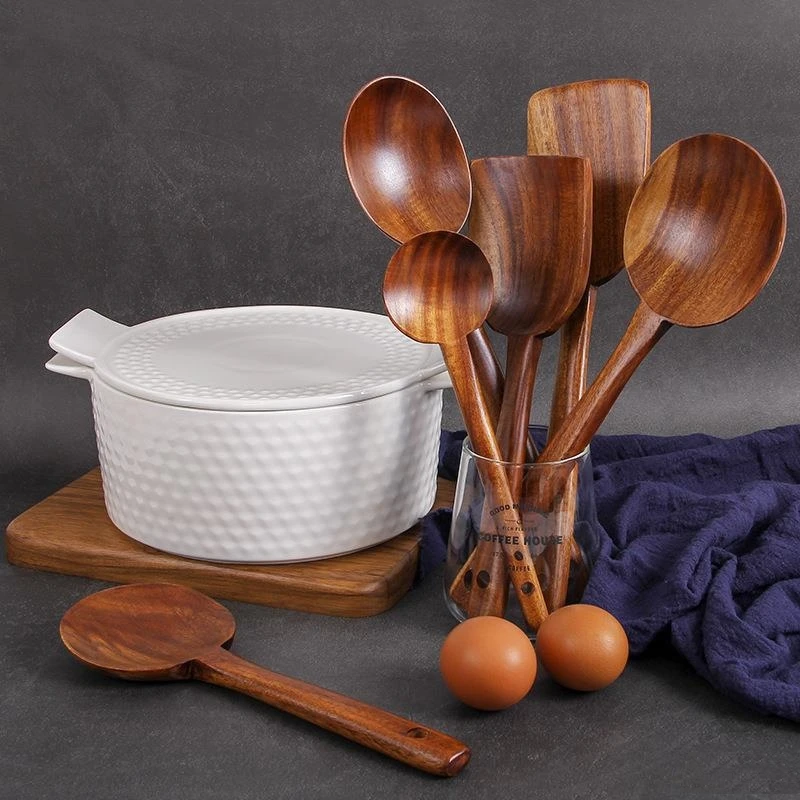 Natural Teak Wooden Cooking Set Kitchen Utensil Long Handle Restaurant Bamboo Spoon Acacina Wood Soup Spoons 2024