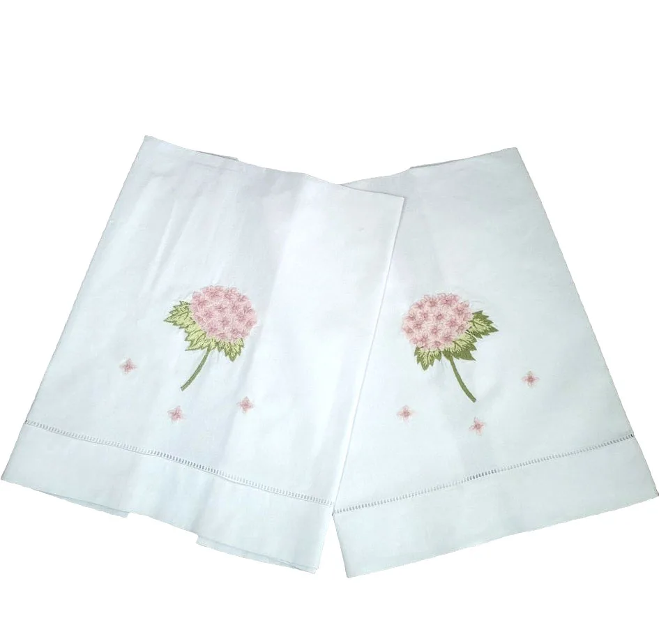 Luxury High Quality White Cotton Hand Towel Custom Embroidered with Pink Hydrangea Design for Home Sports Weddings