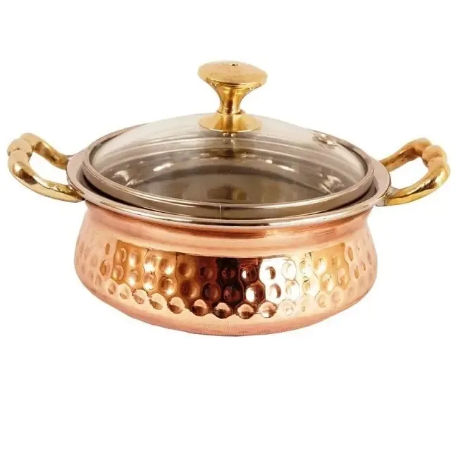 Wholesale Prices Indian Manufacturer Mughlai Stainless Steel Copper Hammered Handcrafted Serving Dishes Royal Handi Glass Lid