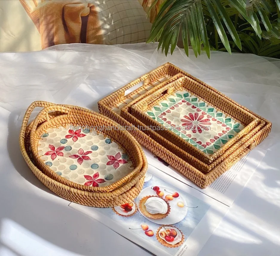 NEW DESIGN Rectangle Rattan Mosaic Tray 3 Sizes | Mother of Pearl Tray for Home Restaurant Coffee Shop | Birthday Gift