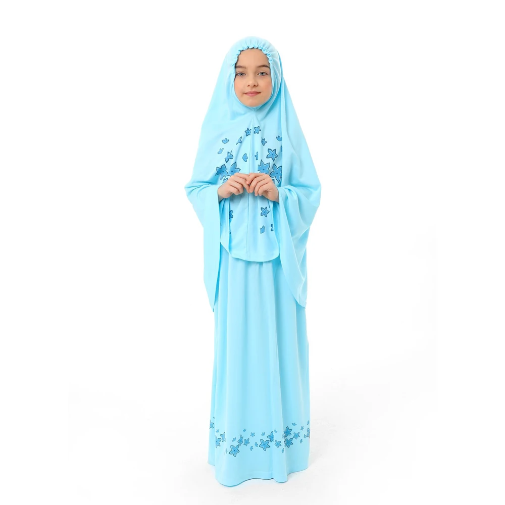 Girl Child Prayer Dress Yellow Color Star Pattern 987S With Prayer Rug Star Printed Belt Pattern