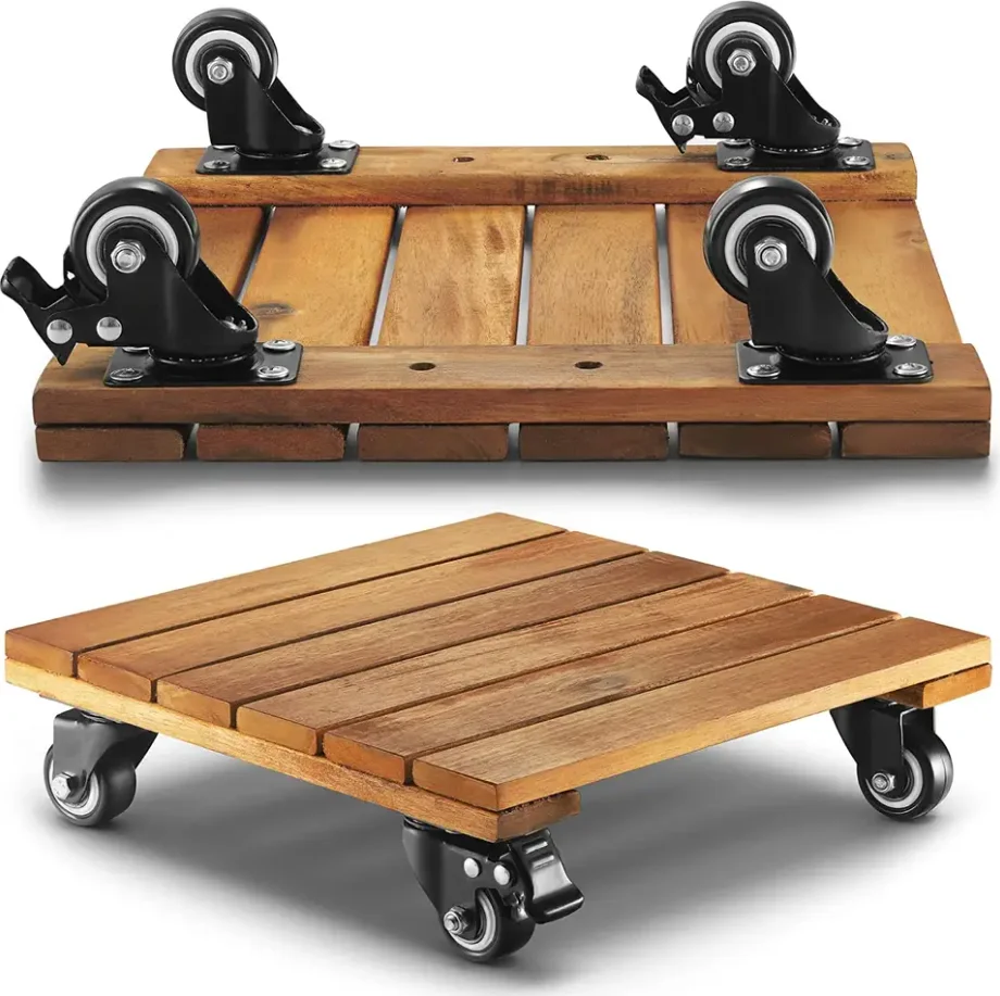 Оптовая продажа квадратная подставка для растений из акации с 4 металлическими запираемыми колесиками