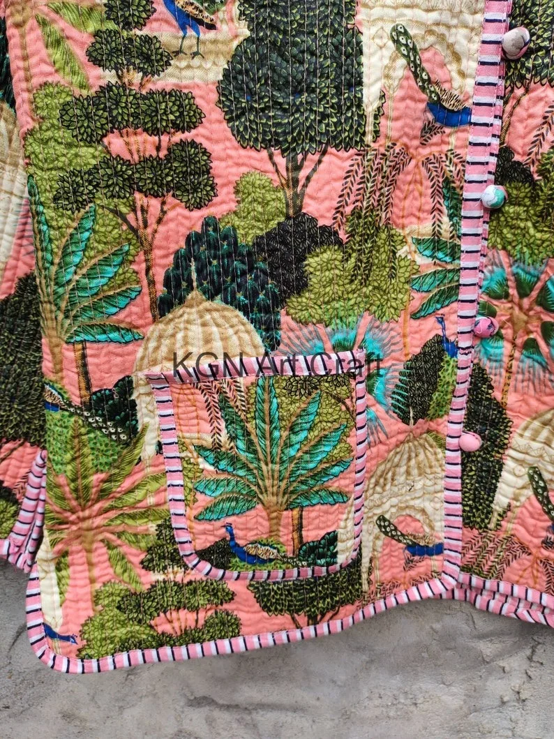 Indian Village Print Jacket Coat women Kimono Robe style Beach wear bohemian winter jacket Short Quilted kantha jacket gifts
