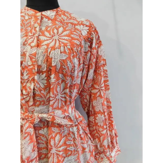 Orange long dress floral printed nightdress block print evening gown summer dresses wholesaler