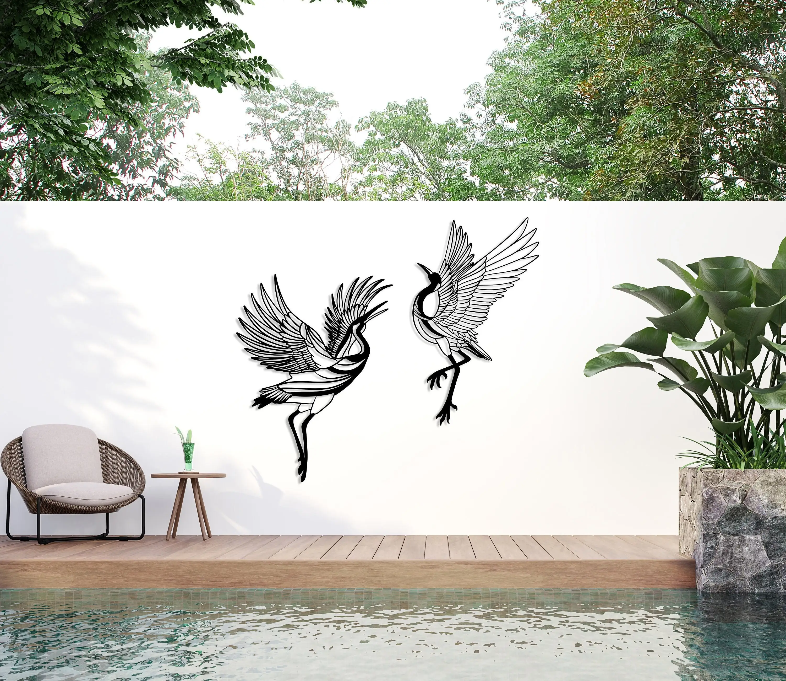 Modern Elegant Design Set of 2 Black-Finished Metal Cranes Wall Art for Home Hanging Usage in Living Room or Outdoor Wall Decor