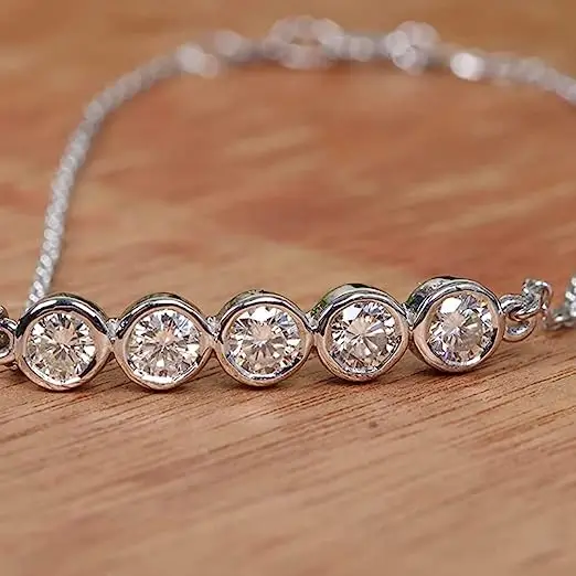 18K Gold Plated Round Moissanite Diamond Bracelet, 4.00MM Round Cut Bezel Set Bracelet For Her
