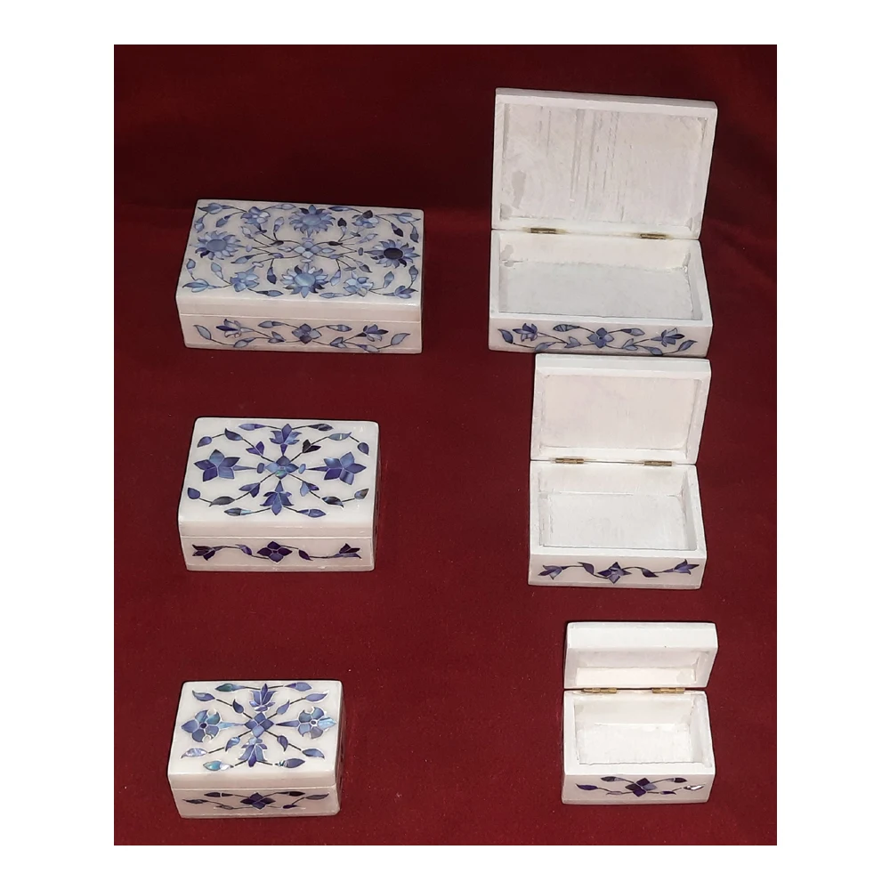 Handmade Natural Blue Mother Of Pearl Inlaid Durable White Marble Customize Gift Boxes For Home Decor
