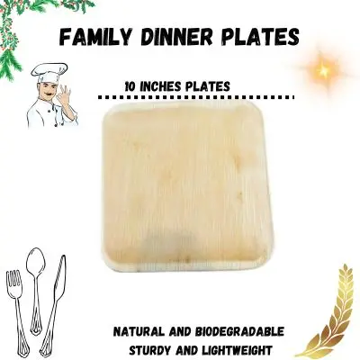 Home and Hotel Party ware Natural Areca Leaf Flatware 10 Inches Square Plates Custom Made biodegradable Natural & Compostable