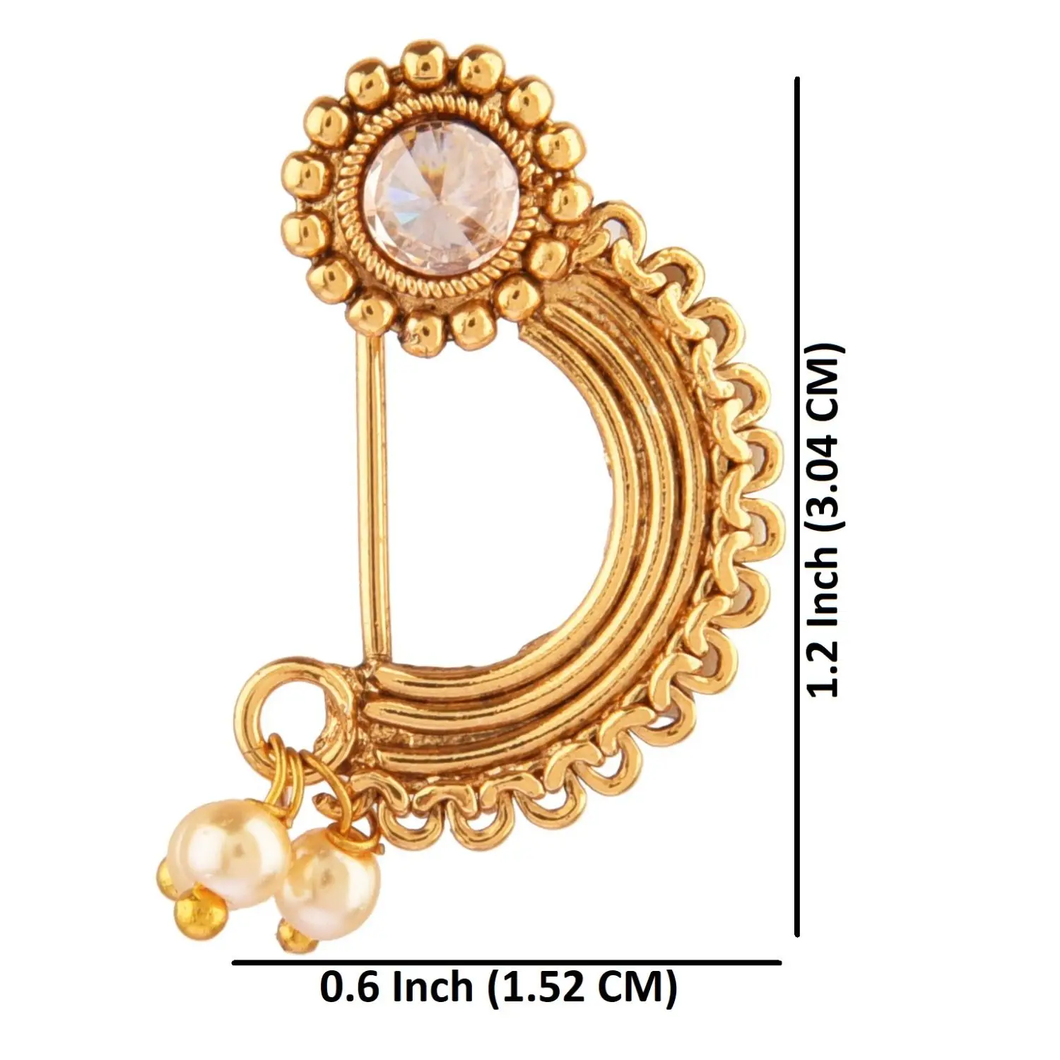 Indian Traditional Faux Pearl Drop Nose Ring Floral Nath Nathani Bridal Crystal Wedding Non Piercing Jewelry for Women, White