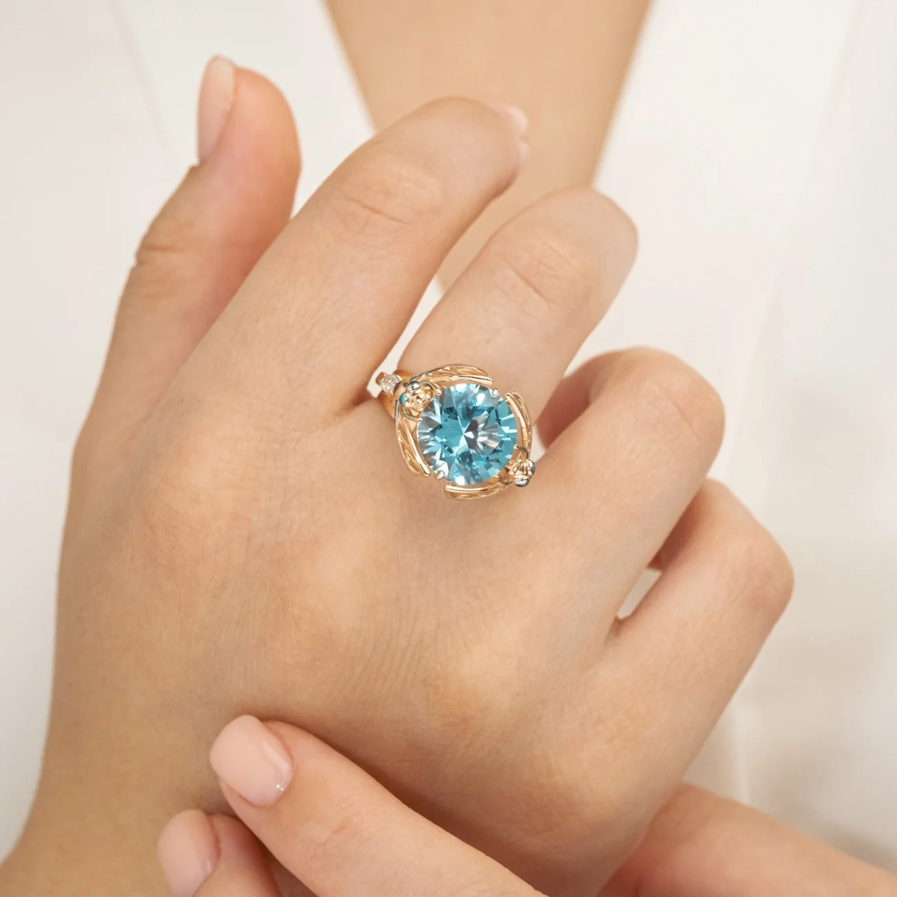 Stylish Unique Design Ring 14K Solid Rose Yellow White Gold Topaz White Topaz ChromDiopside Enamel Custom Jewelry OEM ODM