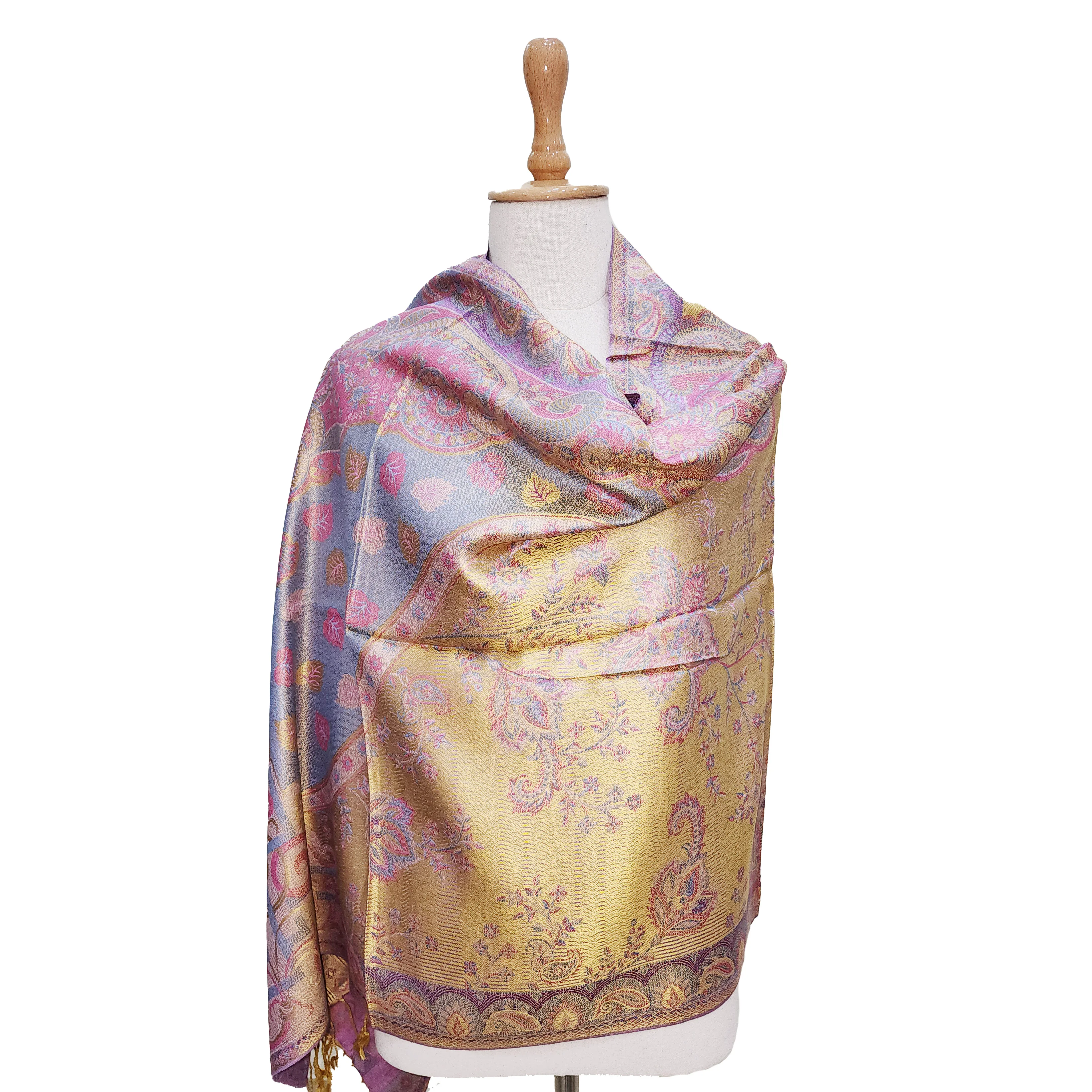 Hot Sale 100% Silk Scarves Handmade Long Scarf Shawls Stylish Light Gold Color Floral Pattern Scarf for Girls and Women