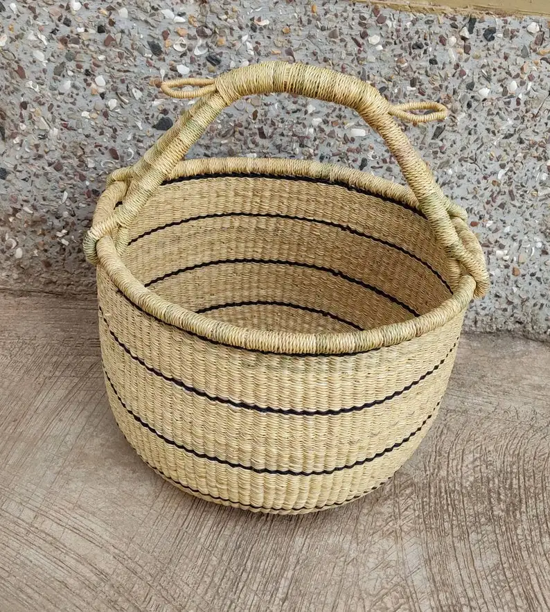 African Bolga Woven Market Basket, Large Storage Basket, Straw Bag