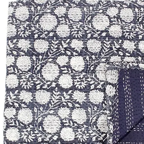 Handmade kantha quilt gray leaf print quilt Indian boho vintage quilt bedspread for sale