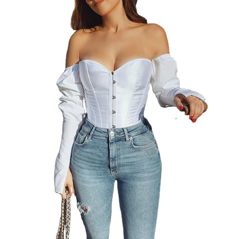 Adorable Tops Shiny Grey Drop Shoulders Puff Sleeves Corset Halter Tops Women New Sexy Bustier Corset Cropped Top Blouse & Jeans