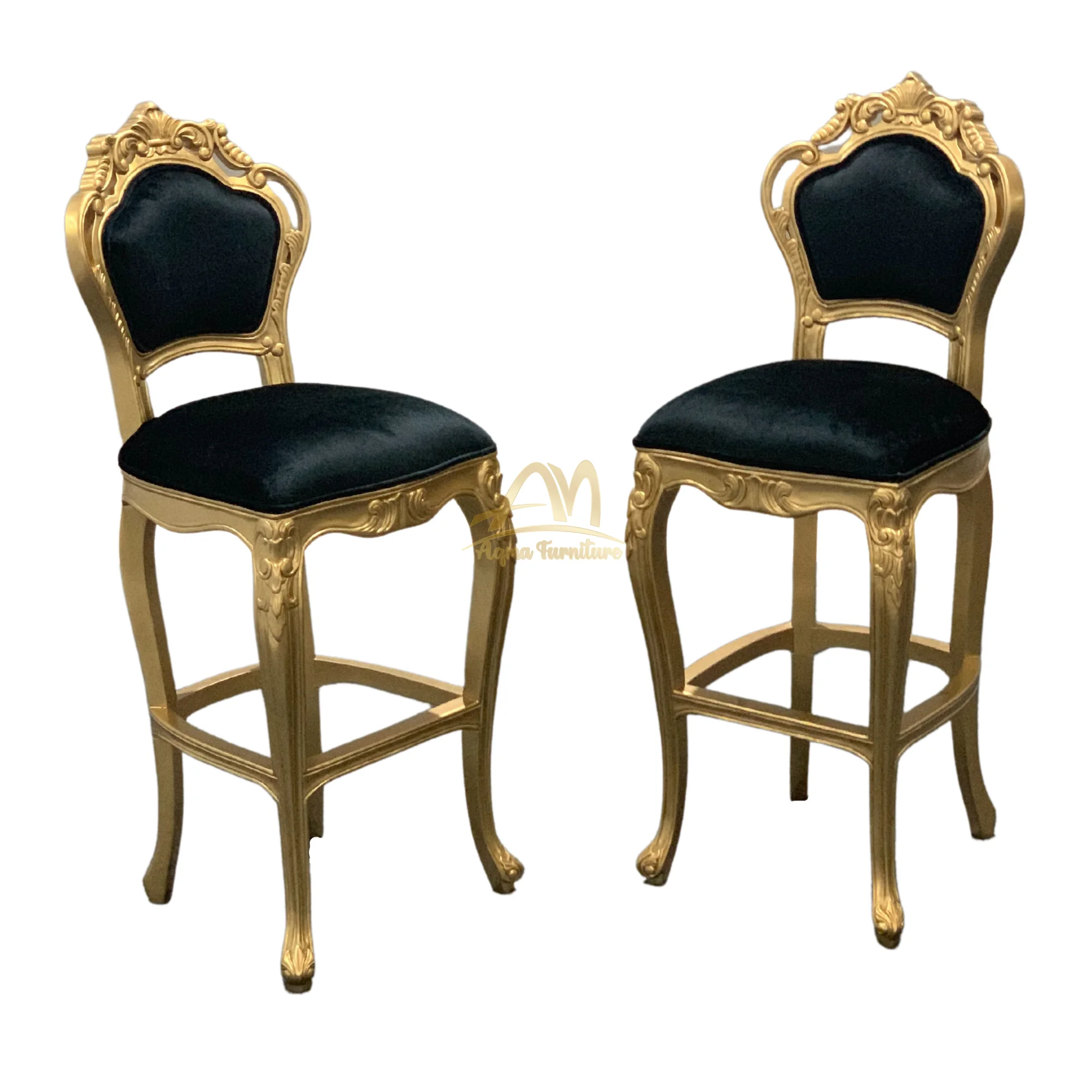 Wooden Bar Stools Black Velvet Gold Color Stools Luxury Hight Chair Carved By Hands
