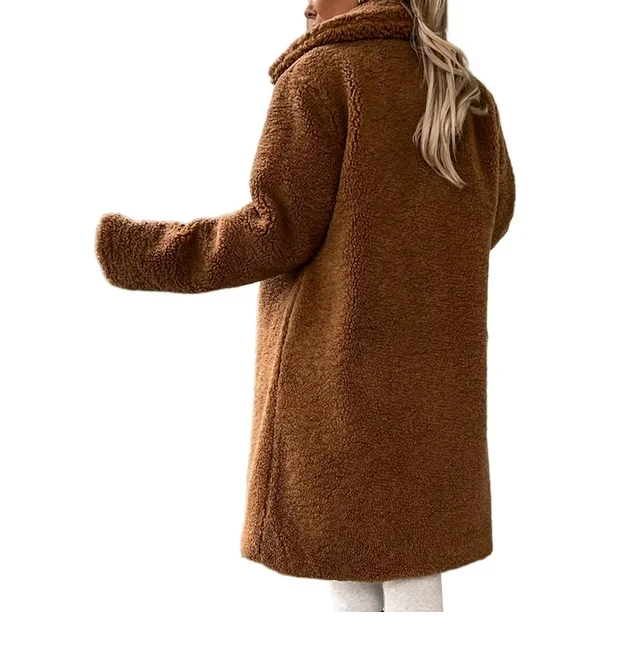 Ladies Button Down Plush Overcoats Single Breasted Travel Women Long Sherpa Jacket Brown