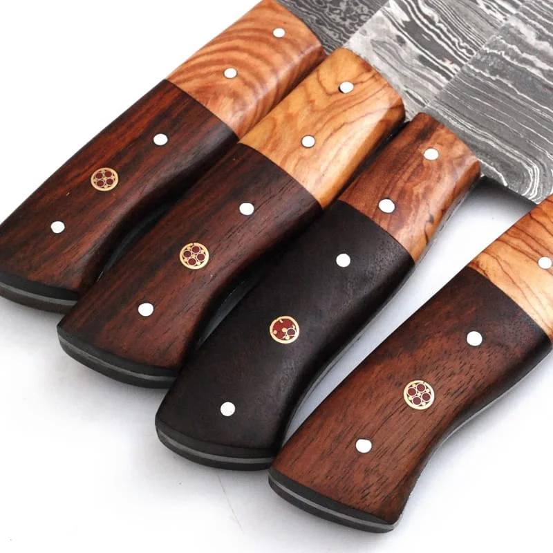 Handmade Damascus Steel Chef Knife Set with Rosewood Olivewood Handles Includes Leather Roll