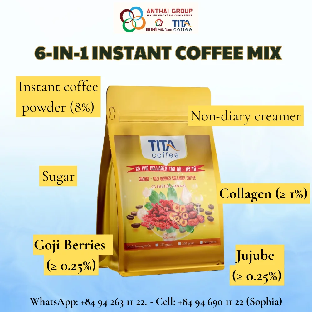 Robusta Arabica Coffee with Jujube Goji Berries Collagen Sweet Taste OEM Wholesale 6in1 Creamy Fruity Flavoured Instant Coffee