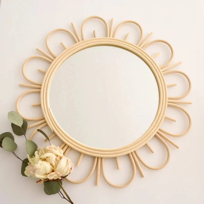 Elegant Rattan Mirror Frame With Intricate Weaving For Hallway Accent