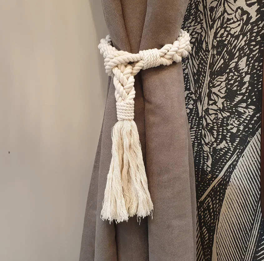Curtain Tie Back - White Cotton Rope - Weaving from 4 ropes, Tassel Industrial holdbacks - Twisted Jute Rope