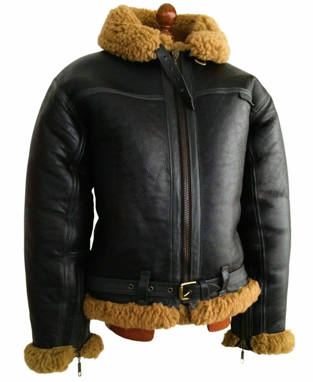 B3 Bomber Mens RAF Aviator black Vintage Fur Shearling Leather Jacket