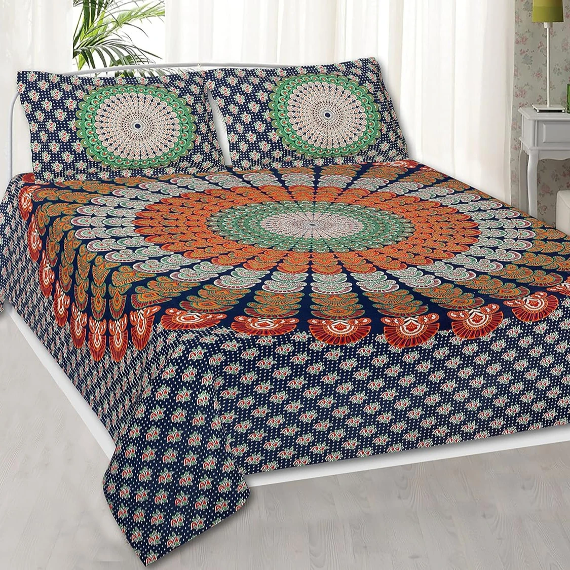 100 % cotton Barmeri Print Bedsheet Unique Bed Cover With Pillow Set Summer Bed Sheets Hand Block Print Simply Bed Cover Set OEM
