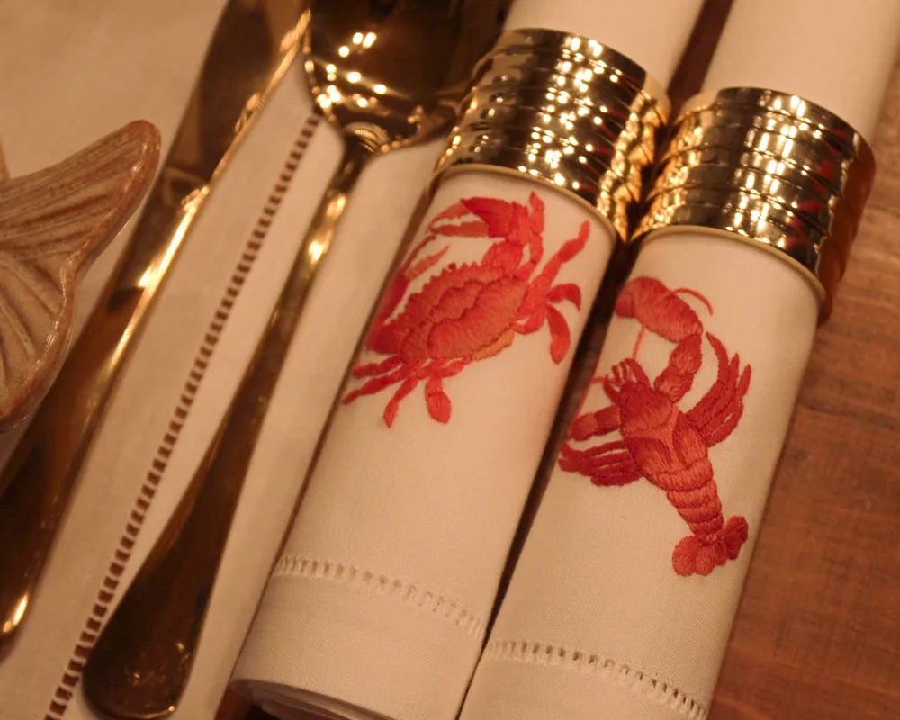 Embroidery Crab and Lobster Dinner Napkin Classic Style Hemstitch Washable Cotton Napkin for Dinner Table Wholesale Custom