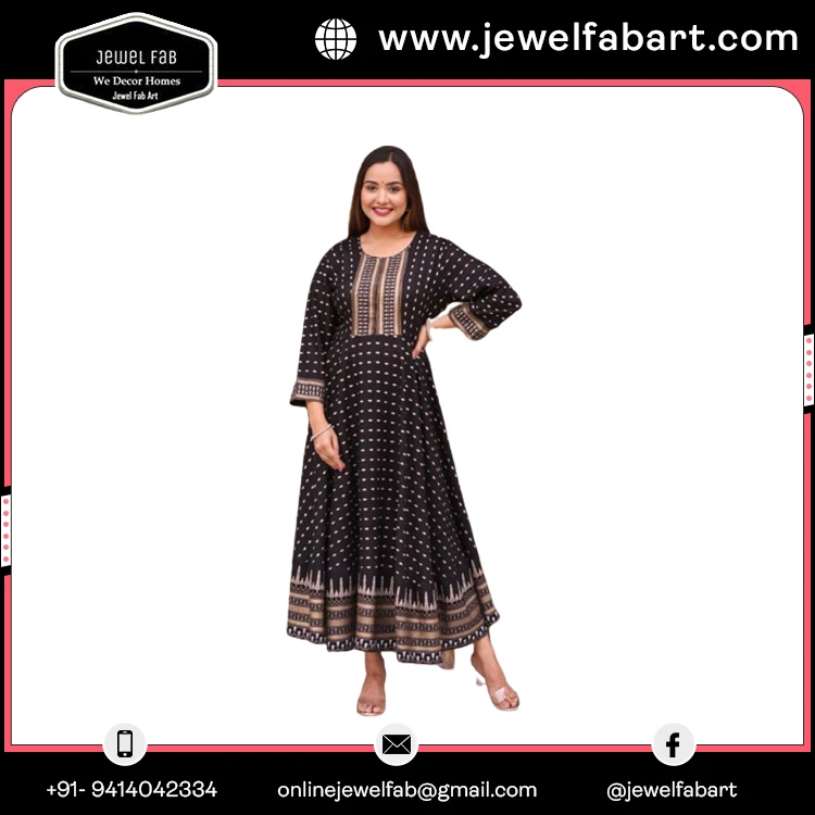 Modern Women Wear Flair Gown With Gold Printed Hand Work Design Buy From India With Love Handmade Premium OEM ODM accepted