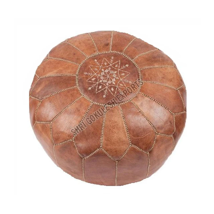 Top Listed Indian Manufacturer Widely Selling 100% Handmade Handwoven Round Leather Poufs for Office and Home Decorations