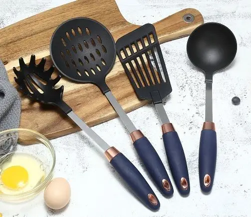 Yangjiang stainless steel Factory, Nylon Kitchen Utensil with PP & TPR handle in Navy/Gold color, high quality cooking tools
