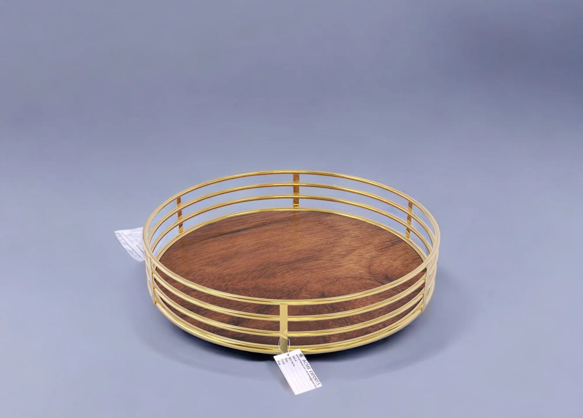 Natural Wooden Plate Base With Stainless Steel Gold Shiny Polished Tray For Serving Round Shape Serving Tray With Custom Size