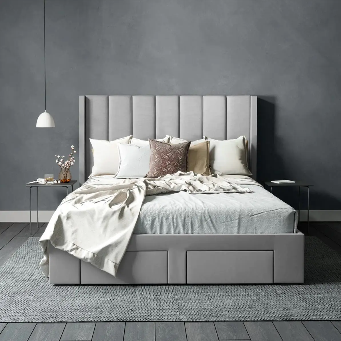 Modern Elegant Design Cheap Price Gray Fabric Queen Vertical Line Headboard Storage Bed with 4 Drawers