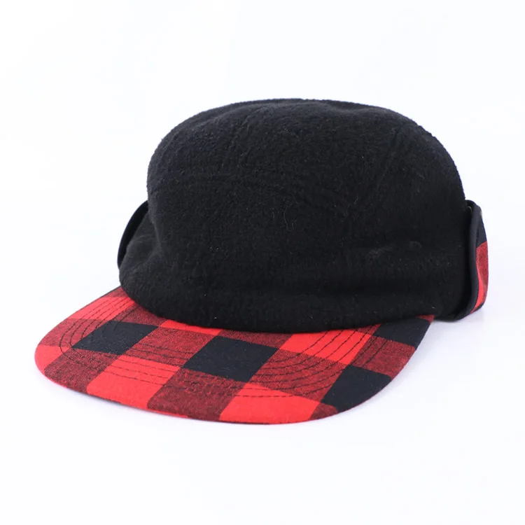 Hengxing red black plaid adjustable ear flaps wool fleece camp cap hat with ear flaps