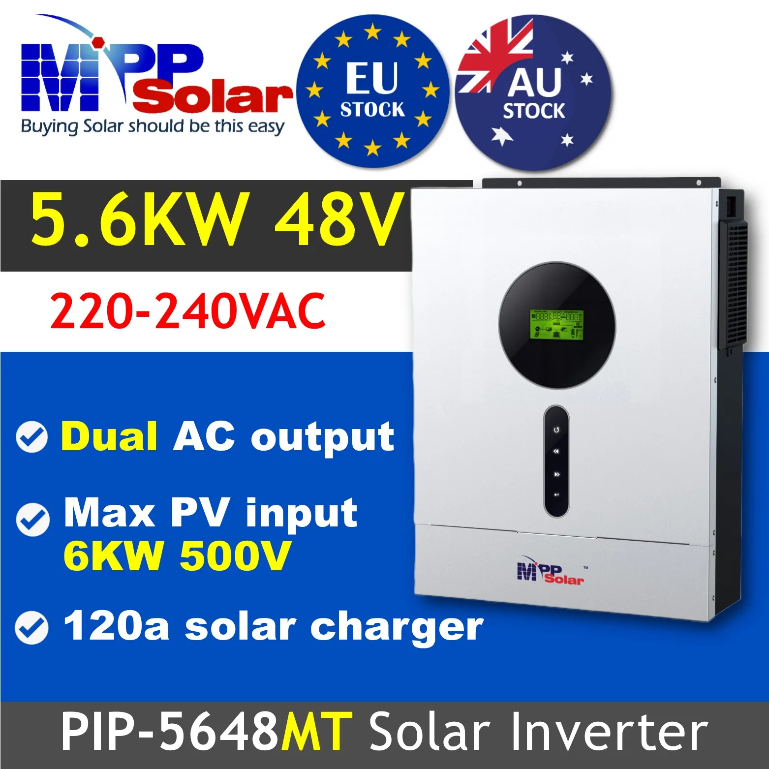 PIP5648MT 5600w 48v 230v MPP Solar inverter High PV Input 500v 120A MPPT charger Pure sine wave off grid mpot solar inverter