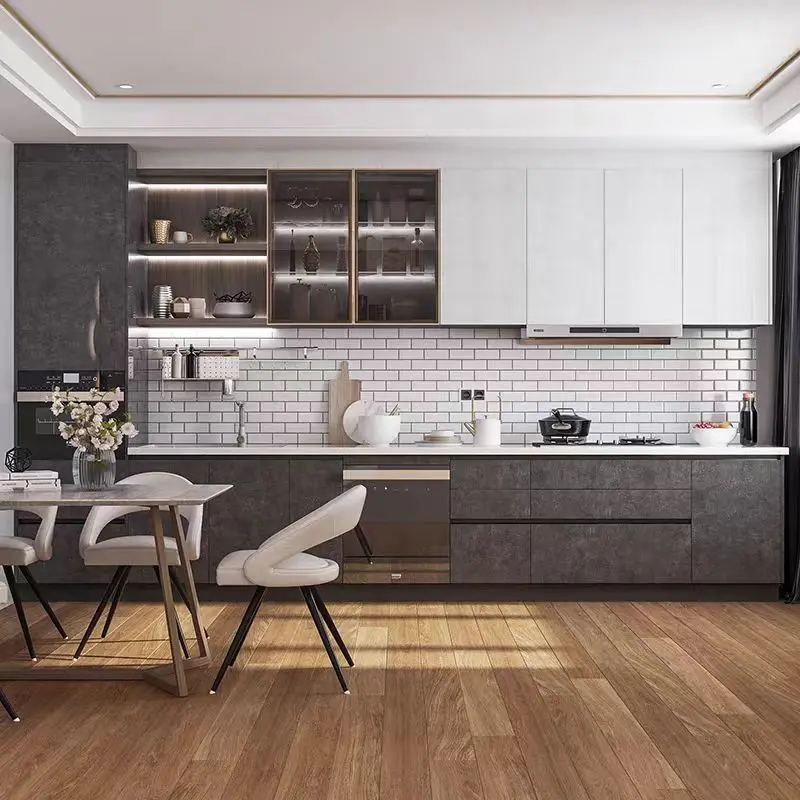 Cabinet Modern Design Slab Door Timber Veneer Kitchen Cabinet and Fluted Panel Island with Automatic Appliances