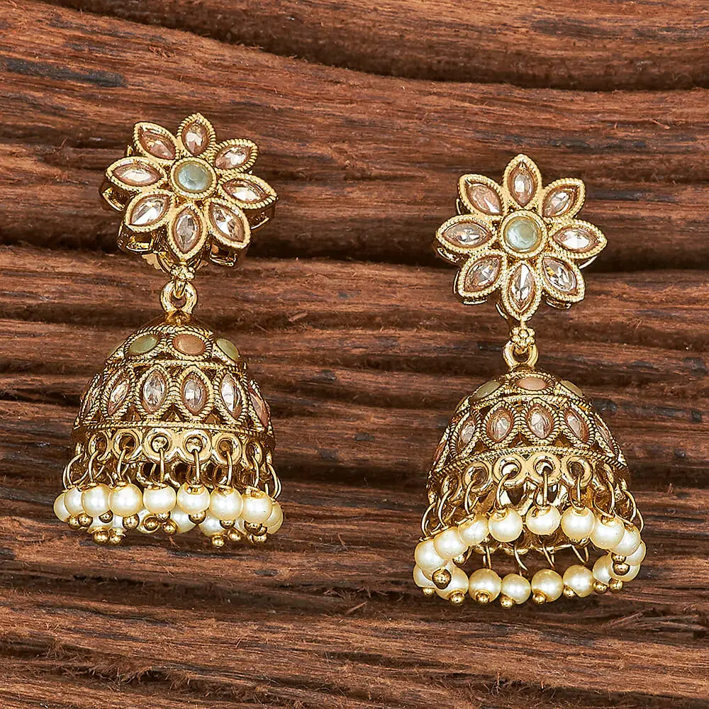 Latest Wholesale Quality Of Mehndi Plated Antique Reverse Ad Stone Jhumki Earring With Pearls