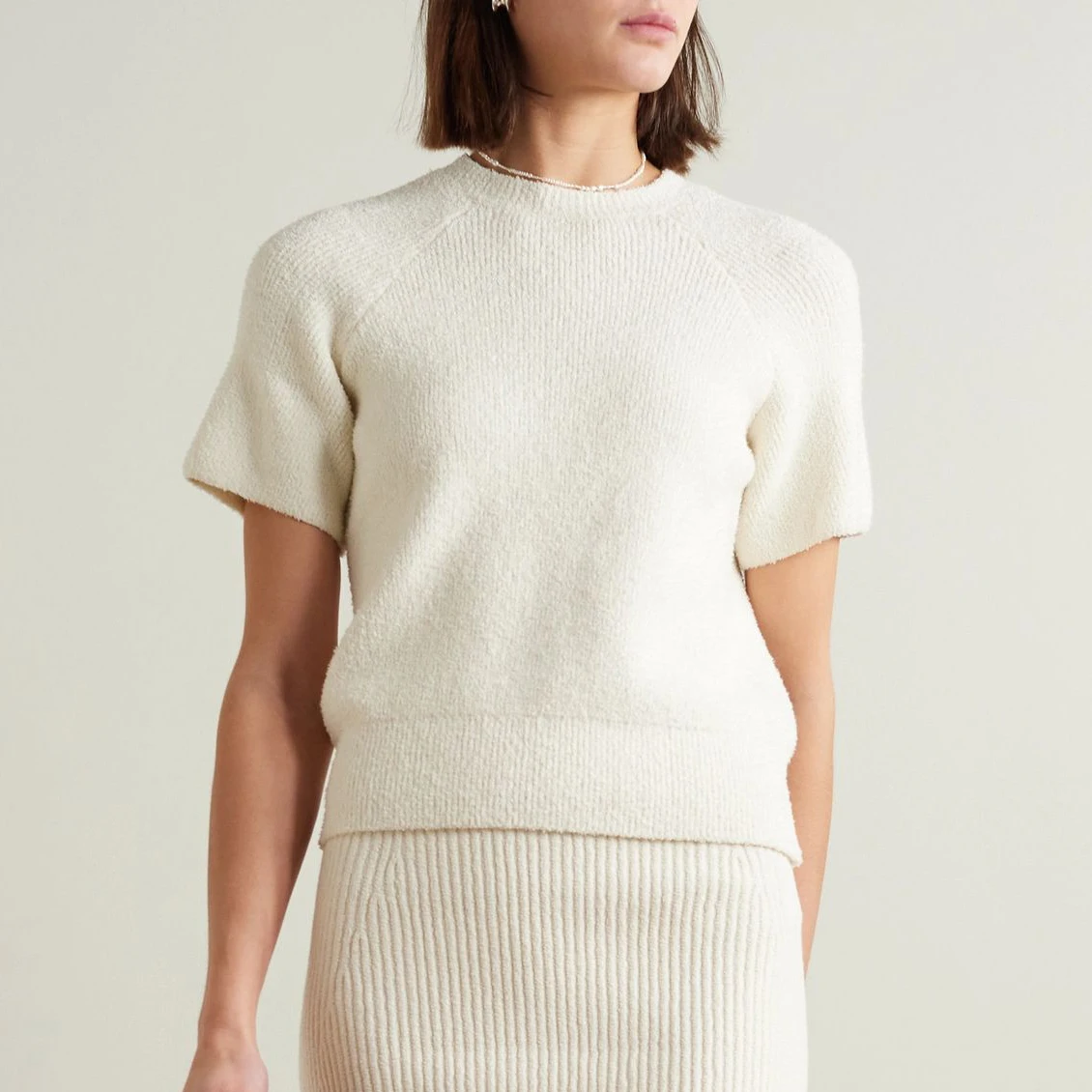 Wholesale custom women solid color simple design short sleeve knit sweater soft cotton blend knit boucle top