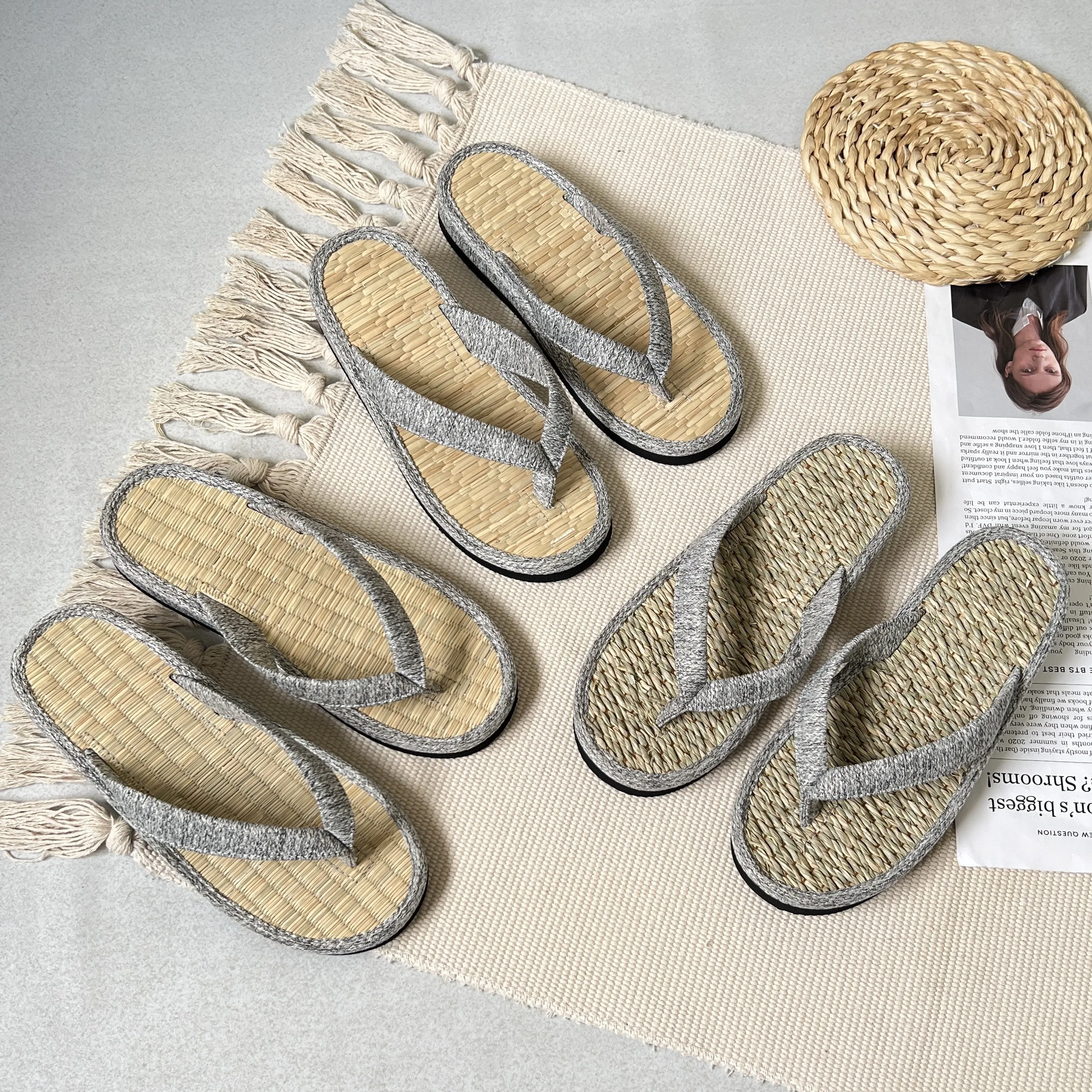 Cushioned Seagrass Water Hyacinth Canvas Genuine Leather Slippers All Platform Wood Fur Plush Natural Color Summer Use Home