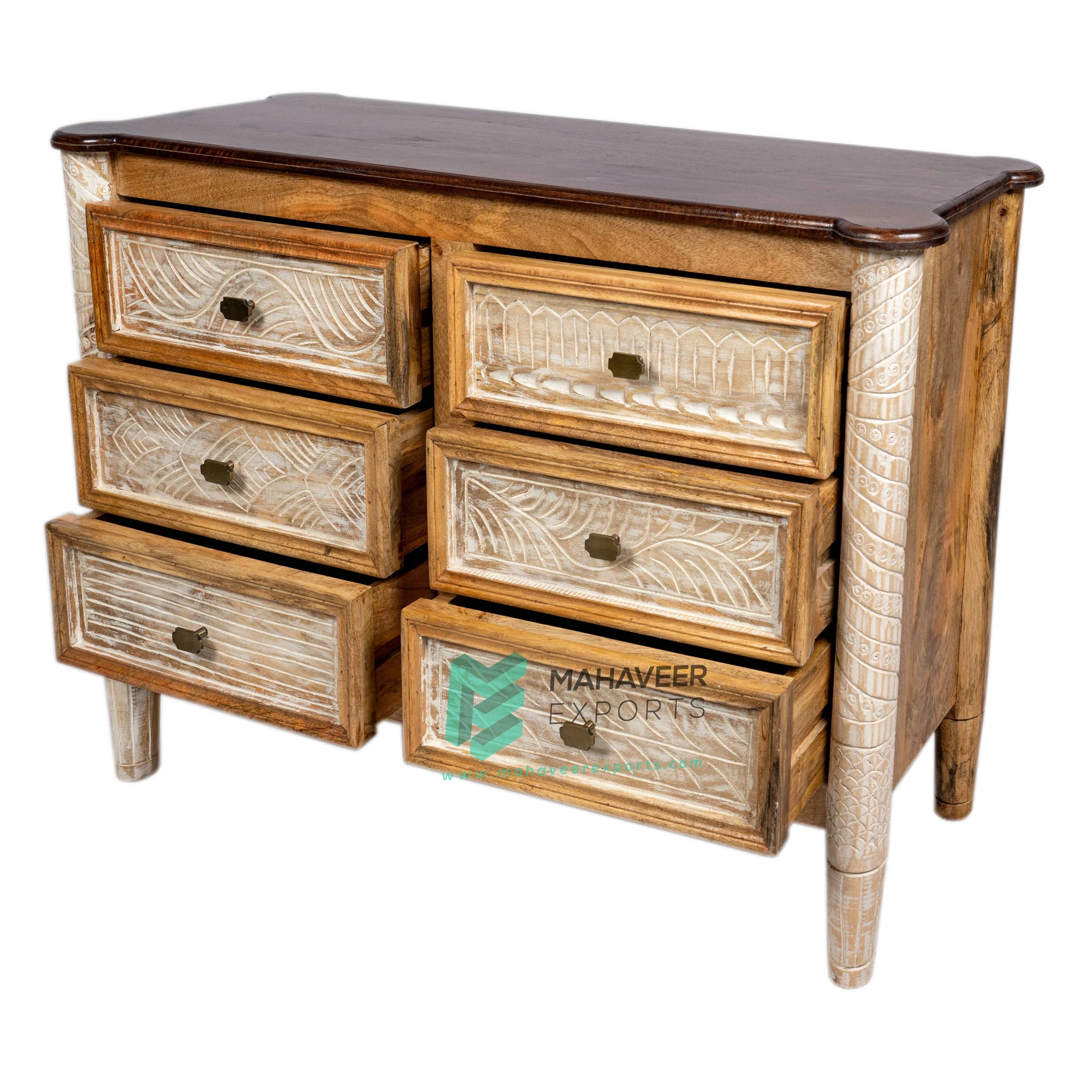 Best Quality Wooden Hand Carved Six Drawer Chest In Distress Finish For Living Room Carved Design Furniture