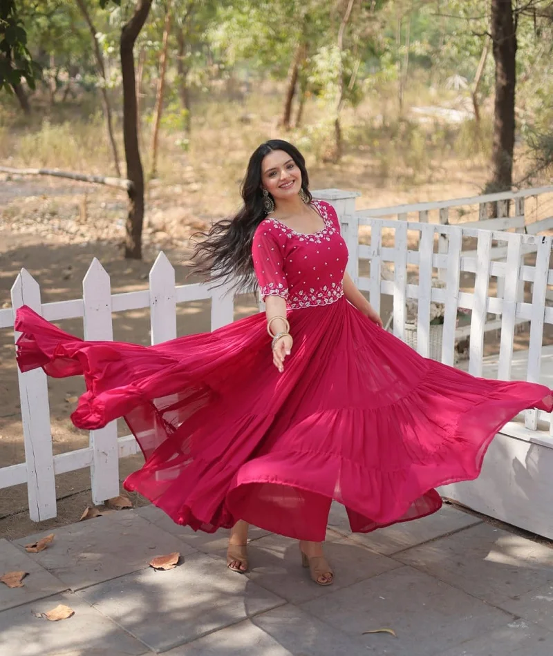 Indian Ethnic Wear Premium Designer Readymade Gowns Collections for Women Faux Blooming with Beads Embroidery Work Anarkali Gown