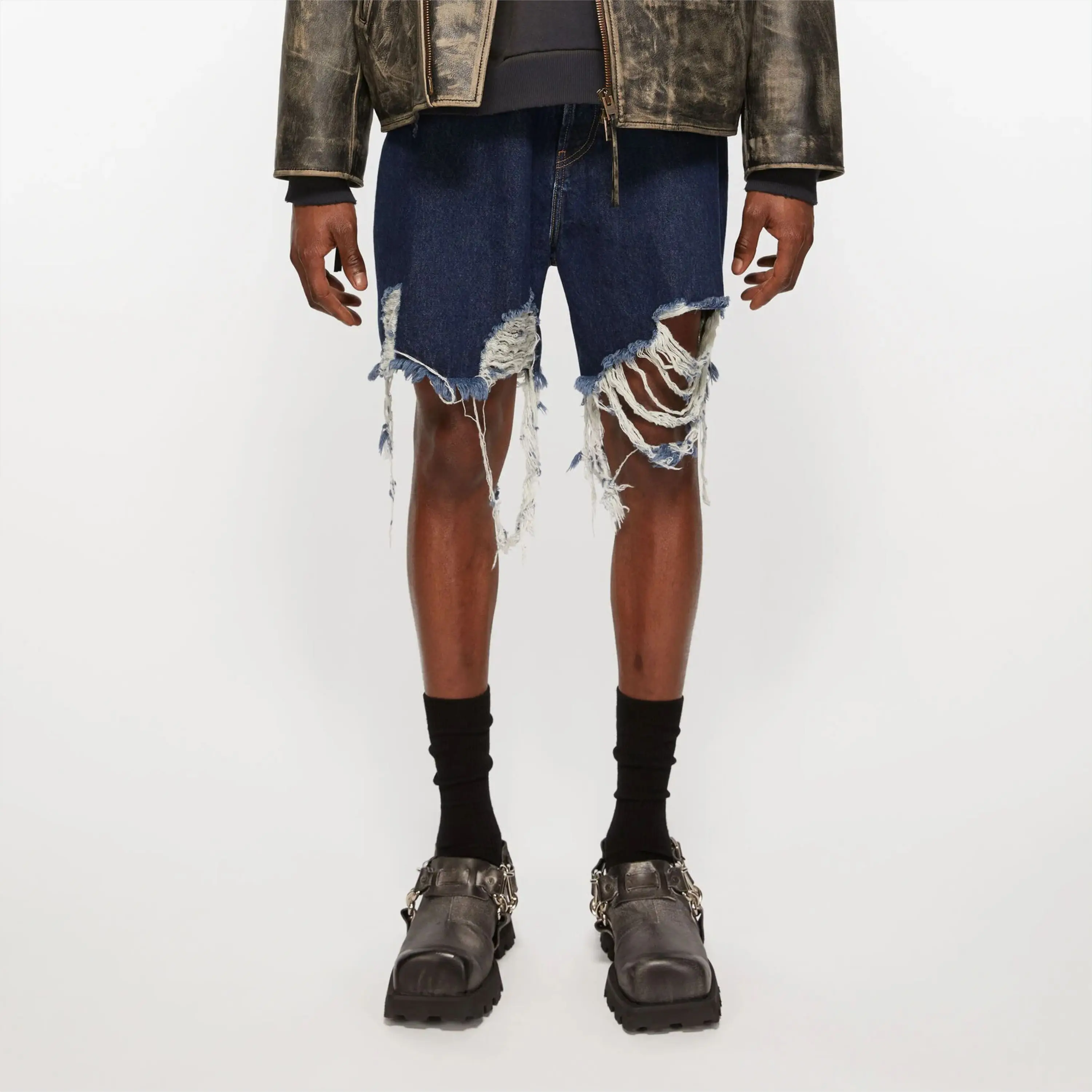 Distressed Denim Shorts - Super Baggy Fit, Mid Waist, Wide Leg, and Knee Length with Leather Patch Detail