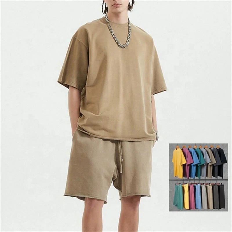 Plain wholesale sweat 2 piece t shirt and shorts sets washed oversize 100% cotton men tshirt